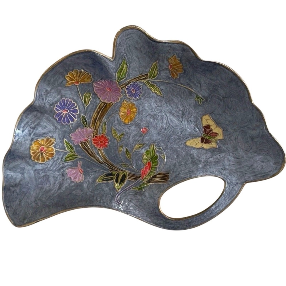VTG Cloisonne Brass Tray Floral Butterfly Trinket Dish India Boho MCM Catchall